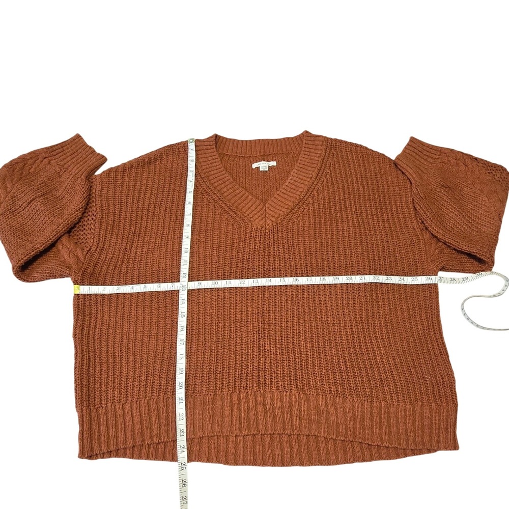 American Eagle Women Size XL V Neck Sweater Rust Cable Knit Balloon Sleeve - Picture 3 of 5